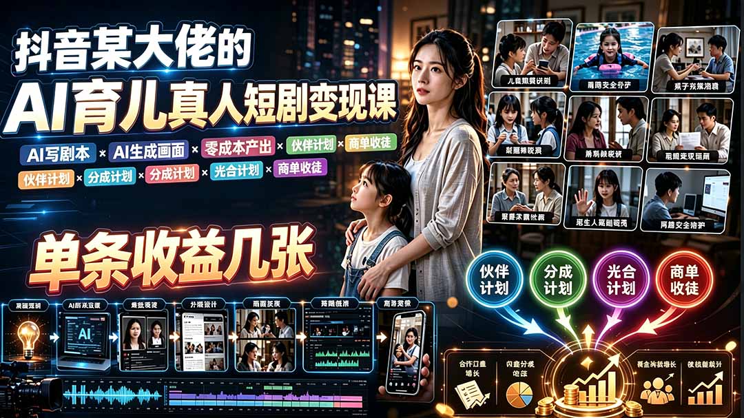 AI育儿真人短剧变现课：AI写剧本×AI生成画面×零成本产出×伙伴计划×分成计划×光合计划×商单收徒-52项目站