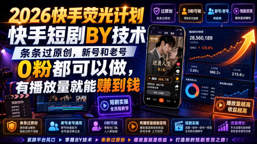 2026快手荧光计划，快手短剧搬运技术，条条过原创，新号和老号0粉都可以做，有播放量就能賺到钱-52项目站