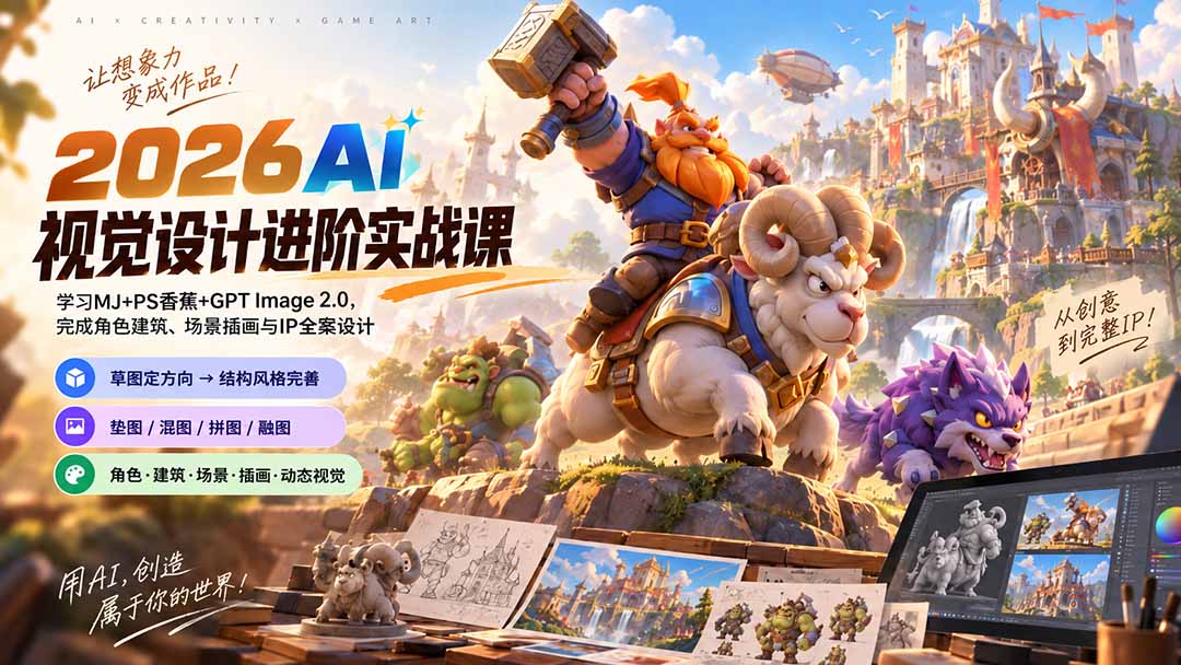 2026AI视觉设计进阶实战课-更新1007:学习MJ+PS香蕉+GPT Image 2.0,完成角色建筑、场景插画与IP全案设计-52项目站