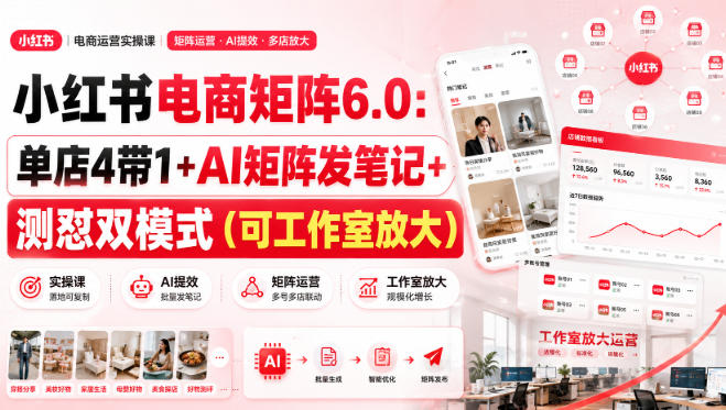 小红书电商矩阵6.0：单店4带1+AI矩阵发笔记+测怼双模式(可工作室放大)-52项目站