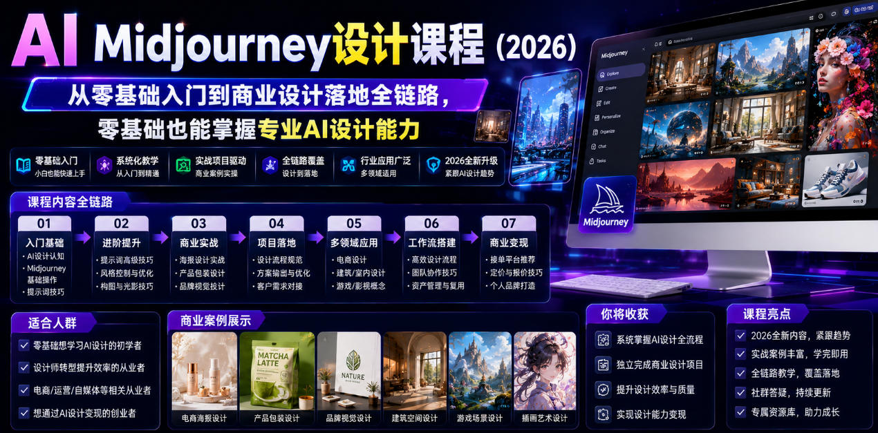 AI Midjourney设计课程(2026),从零基础入门到商业设计落地全链路,零基础也能掌握专业AI设计能力(更新1007)-52项目站