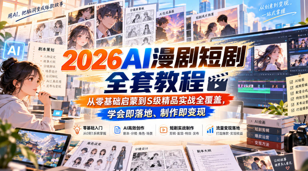 2026AI漫剧短剧全套教程，从零基础启蒙到S级精品实战全覆盖，学会即落地、制作即变现-52项目站