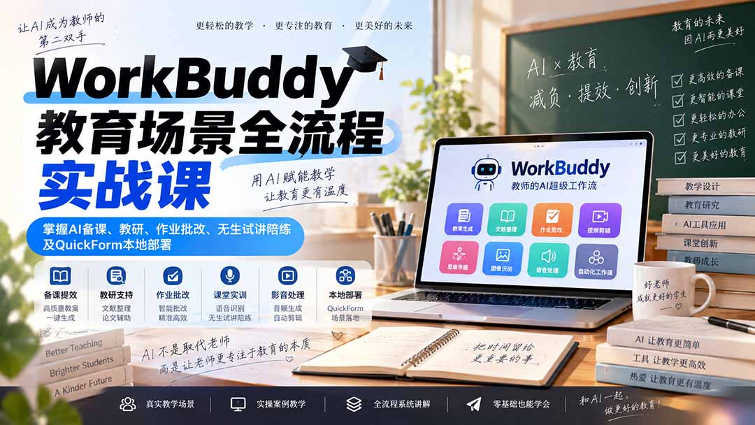 WorkBuddy教育场景全流程实战课：掌握AI备课、教研、作业批改、无生试讲陪练及QuickForm本地部署-52项目站