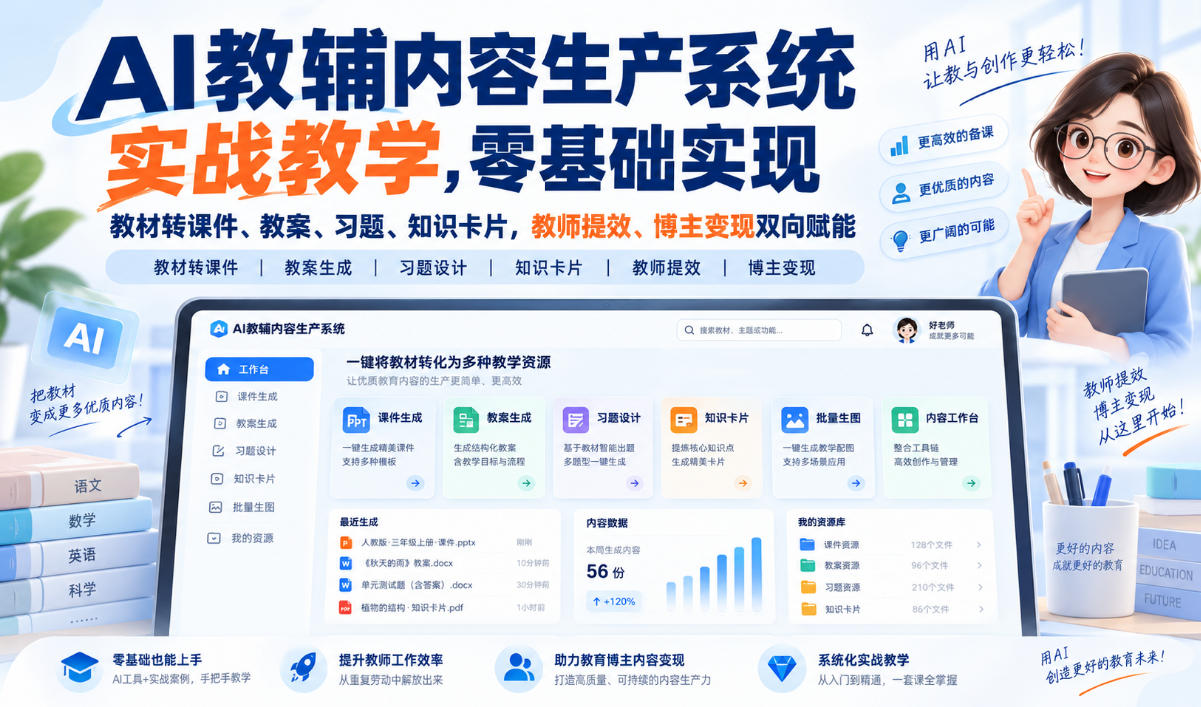 AI教辅内容生产系统实战教学,零基础实现教材转课件、教案、习题、知识卡片,教师提效、博主变现双向赋能-52项目站