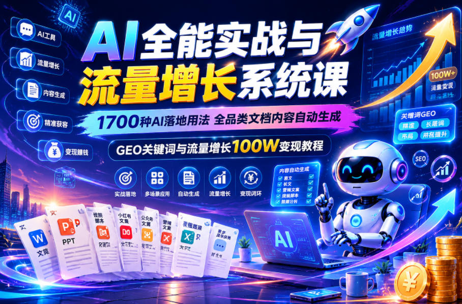AI全能实战与流量增长系统课,1700种AI落地用法,全品类文档内容自动生成,GEO关键词与流量增长100W变现教程-52项目站