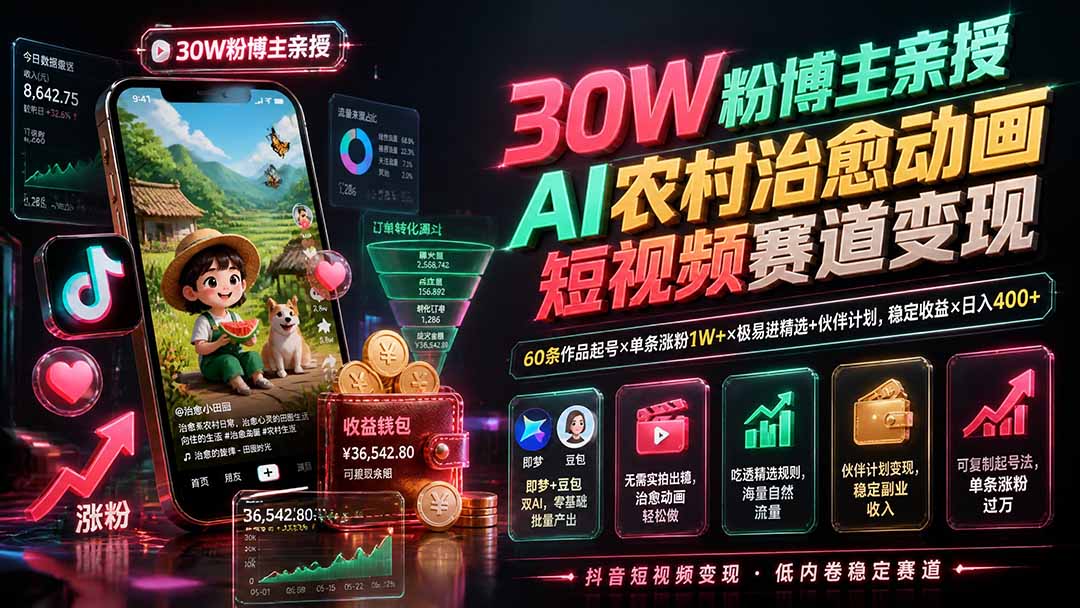 30W粉博主亲授AI农村治愈动画短视频赛道变现：60条作品起号×单条涨粉1W+×极易进精选+伙伴计划，稳定收益×日入400+-52项目站