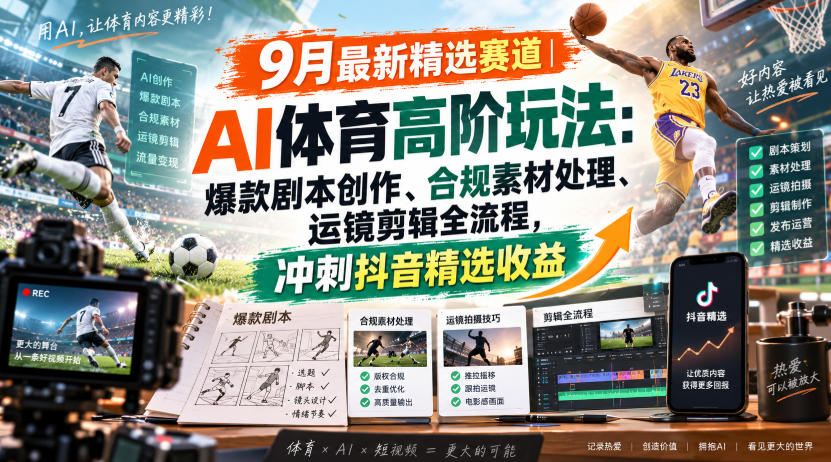 某大佬的9月最新精选赛道之AI体育顶级玩法,爆款剧本创作、版权规避、运镜剪辑全流程,稳拿抖音精选收益-52项目站