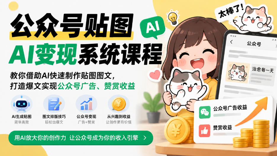 公众号贴图AI变现系统课程|教你借助AI快速制作贴图图文,打造爆文实现公众号广告、赞赏收益-52项目站