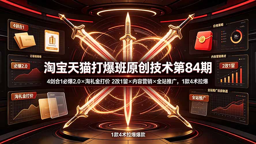 淘宝天猫打爆班原创技术第84期：4剑合1必爆2.0×淘礼金打价×2改1留×内容营销×全站推广，1款4术拉爆-52项目站
