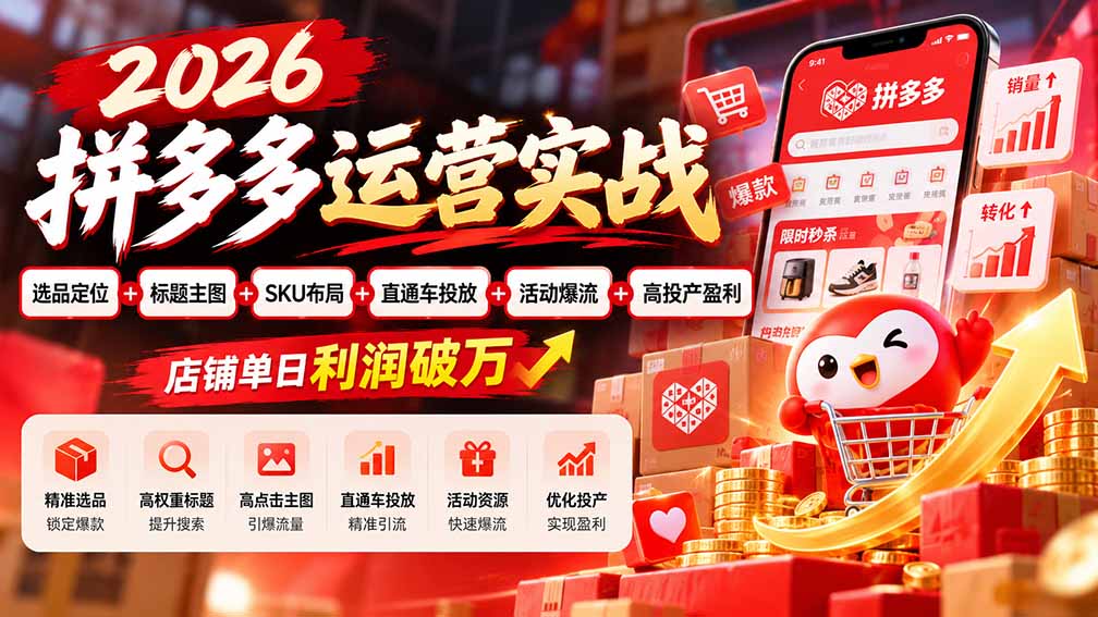 2026拼多多运营实战-更新1002：选品定位+标题主图+SKU布局+直通车投放+活动爆流+高投产盈利 店铺单日利润破万-52项目站