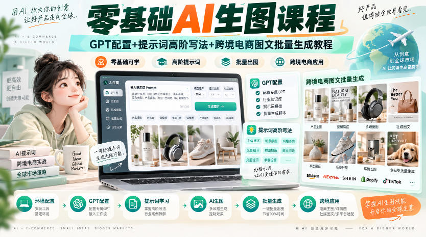 零基础AI生图课程，GPT配置+提示词高阶写法+跨境电商图文批量生成教程-52项目站