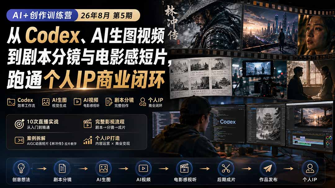 AI+创作训练营26年第5期-更新:从Codex、AI生图视频到剧本分镜与电影感短片,跑通个人IP商业闭环-52项目站