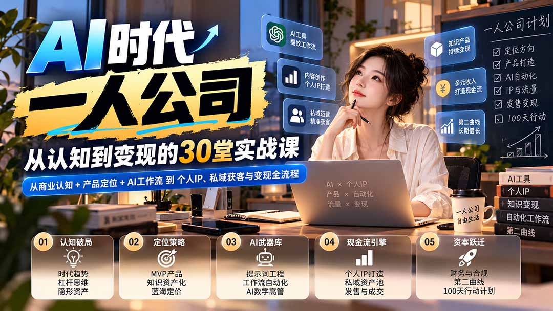 【无水印】AI时代一人公司30堂实战课:从商业认知+产品定位+AI工作流到个人IP、私域获客与变现全流程-52项目站