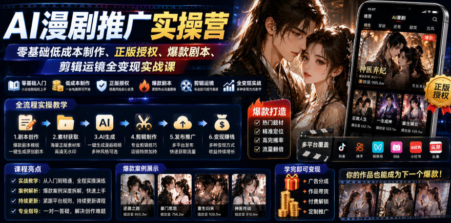 AI漫剧推广实操营|零基础低成本制作、正版授权、爆款剧本、剪辑运镜全变现实战课-52项目站