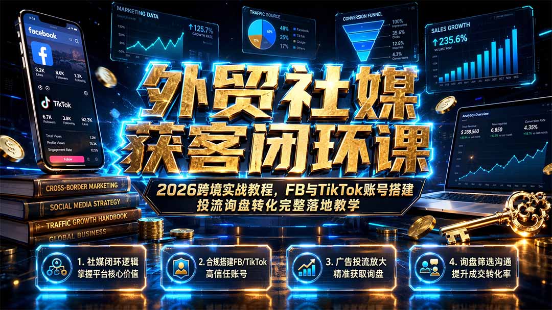 外贸社媒获客闭环课|2026跨境实战教程,FB与TikTok账号搭建投流询盘转化完整落地教学-52项目站